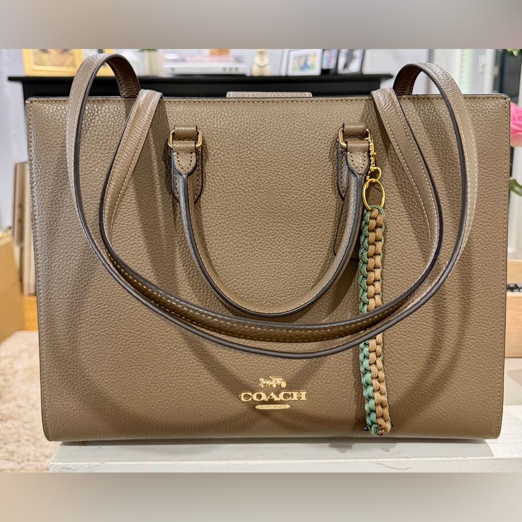 Coach Taupe Brown Pebbled Leather Satchel With Braided Green-Taupe Charm